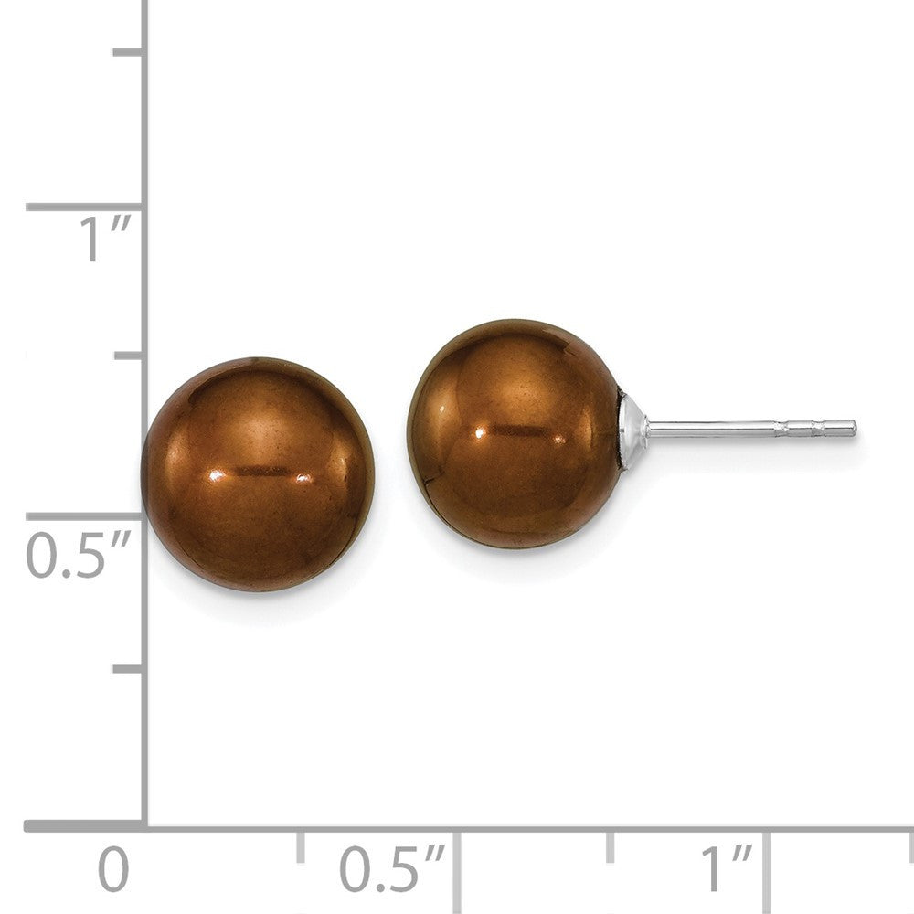 Sterling Silver 10mm Brown Round Freshwater Cultured Pearl Ball Stud Earrings