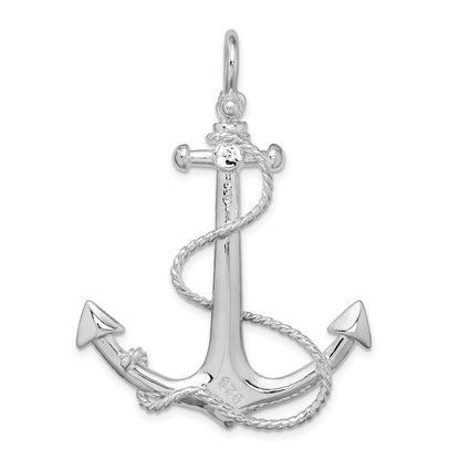 Sterling Silver Rhodium-Plated Polished 3D Anchor with Rope Pendant