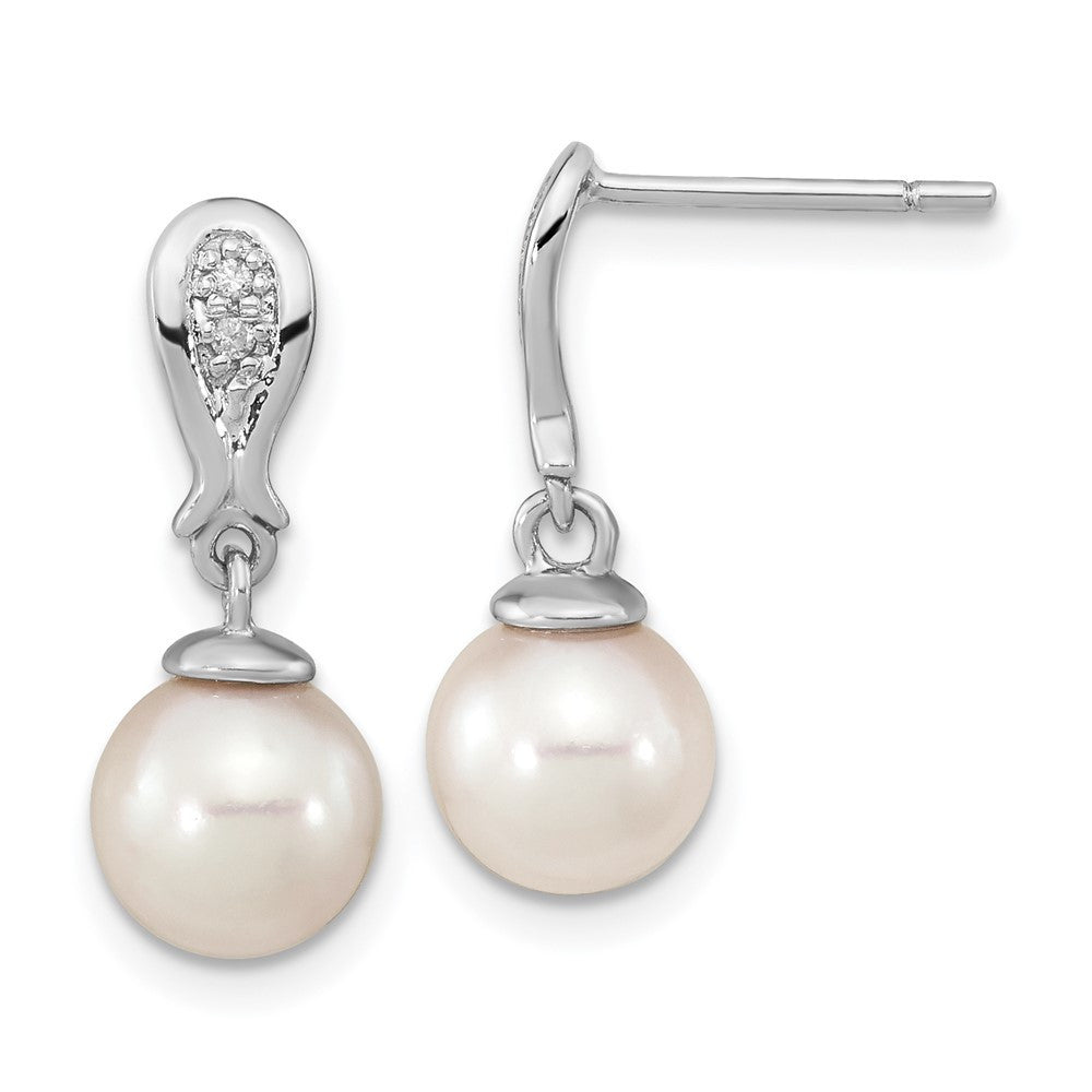 14k Gold 7-8mm Akoya Saltwater Cultured Pearl & Diamond Dangle Earrings