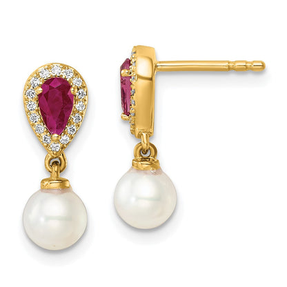14k Yellow Gold Polished Diamond Pearl and Ruby Dangle Earrings