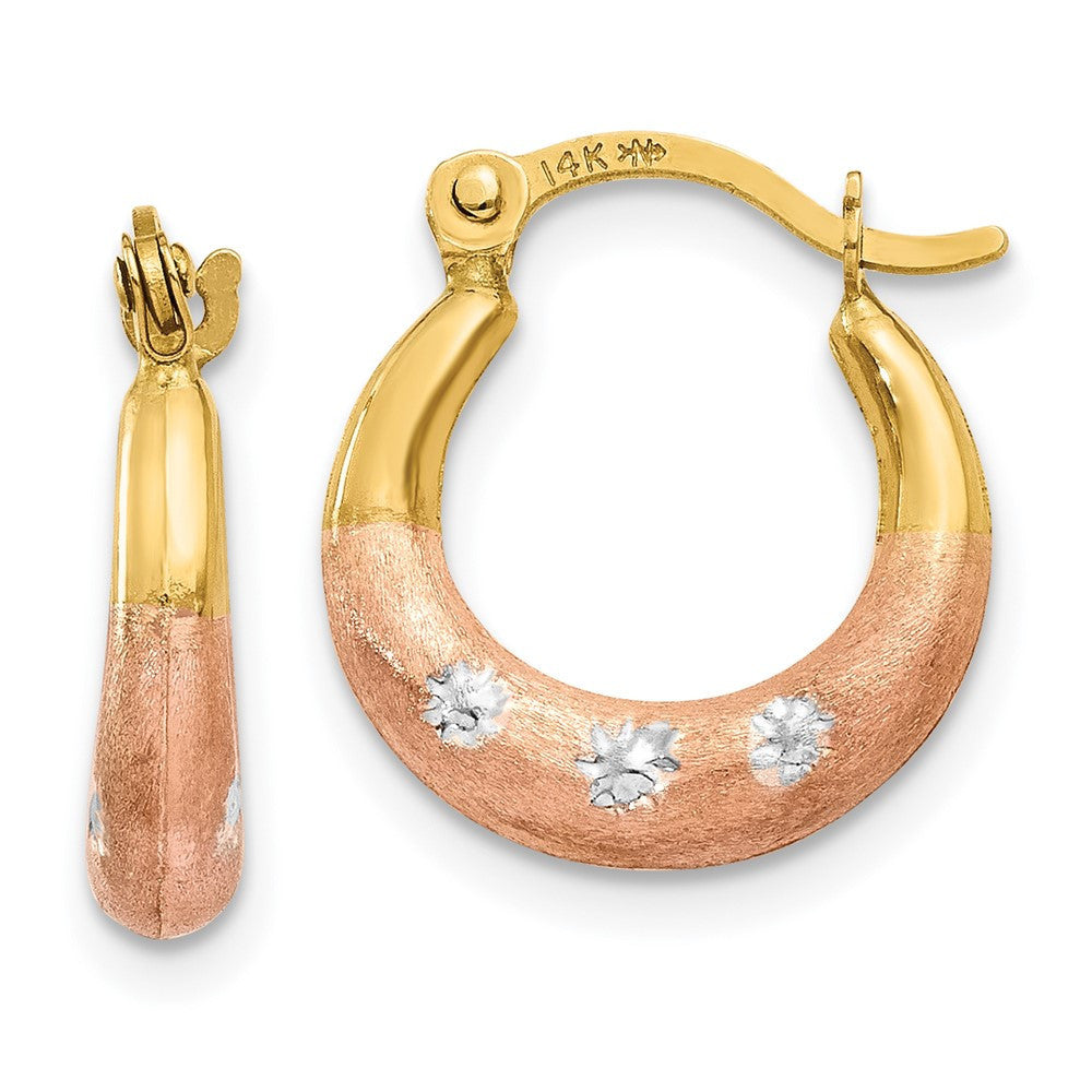 14k Yellow Gold & White and Rose Rhodium Flower Hoop Earrings