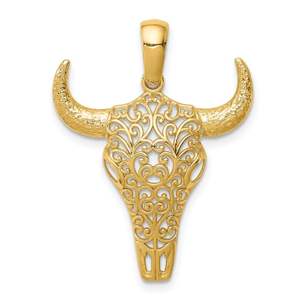 14k Yellow Gold Filigree Steer Skull Pendant