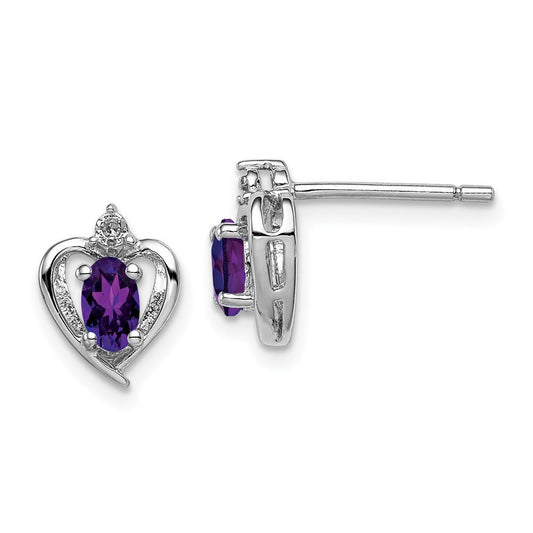 Sterling Silver Rhodium-plated Amethyst & Diam. Button Stud Earrings
