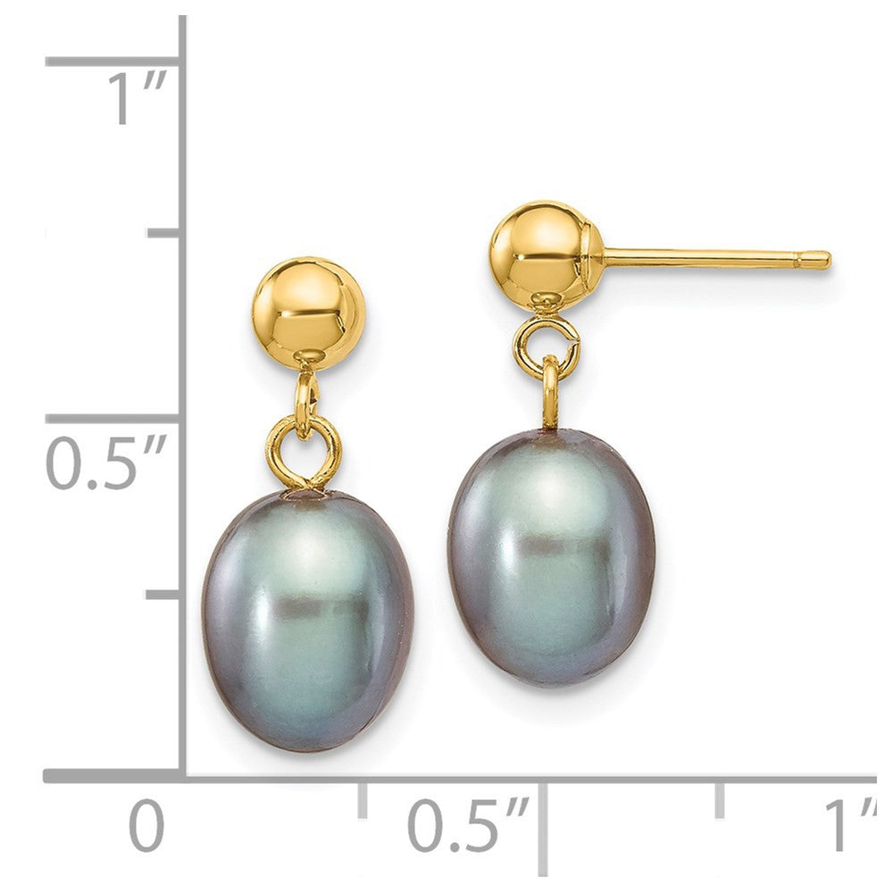 14k Yellow Gold 7-8mm Grey Rice Freshwater Cultured Pearl Dangle Earrings