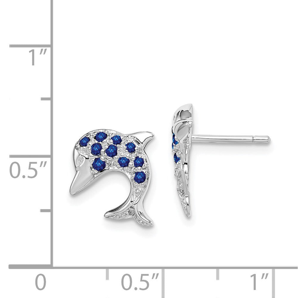 Sterling Silver Rhodium Sapphire & Diamond Dolphin Button Stud Earrings