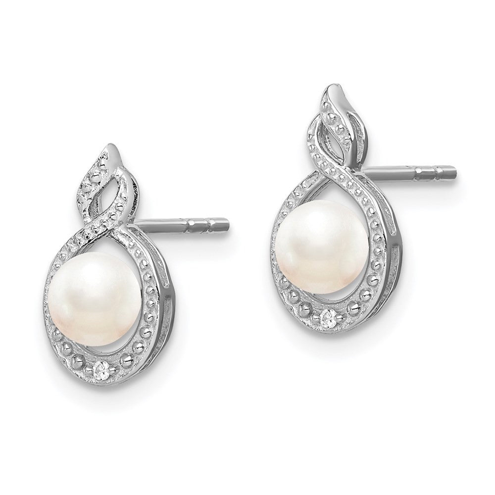 Sterling Silver Rhodium-plated FW Cultured Pearl & Diam. Button Stud Earrings