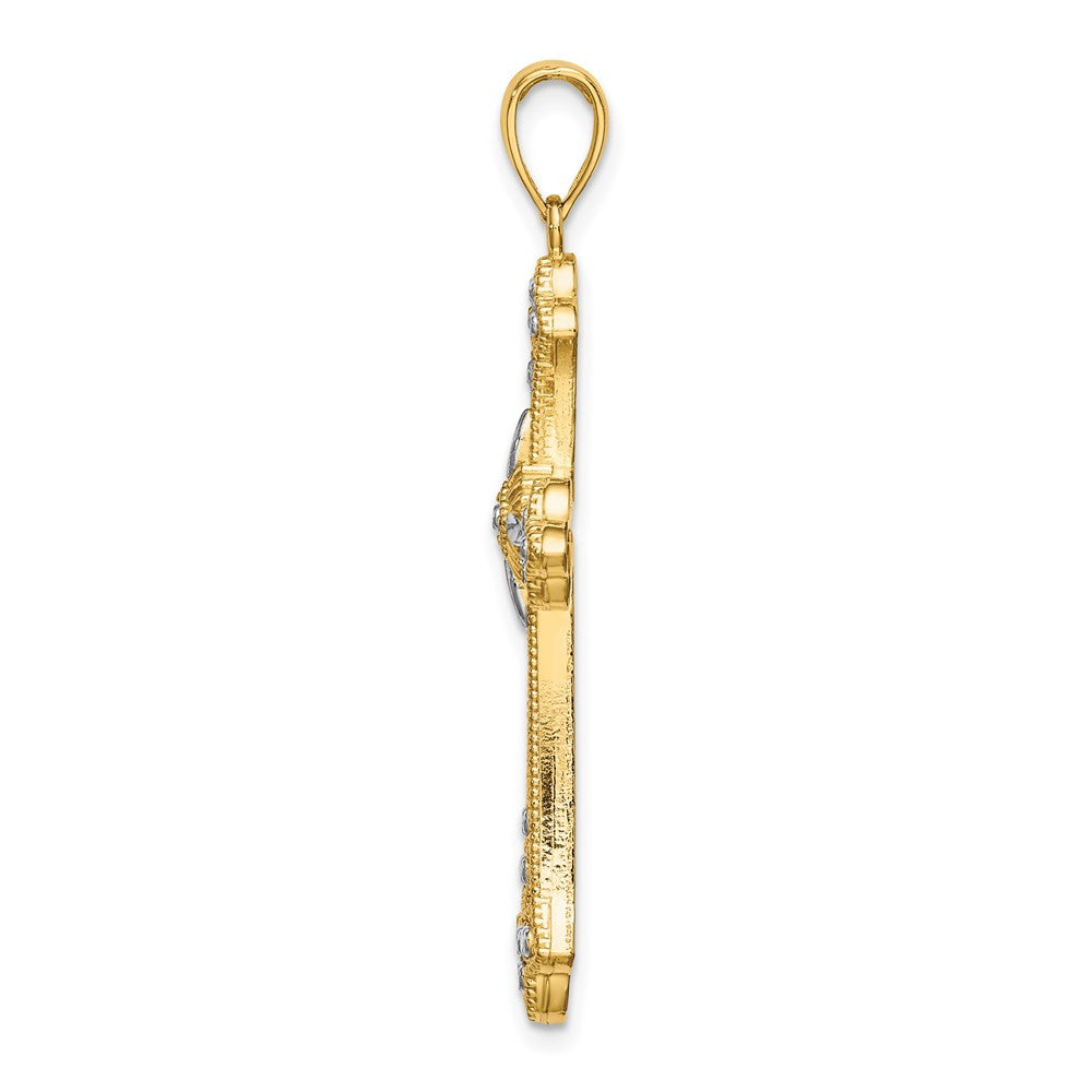 14k Yellow Gold Rhodium Diamond-Cut Edges Cross Charm Pendant