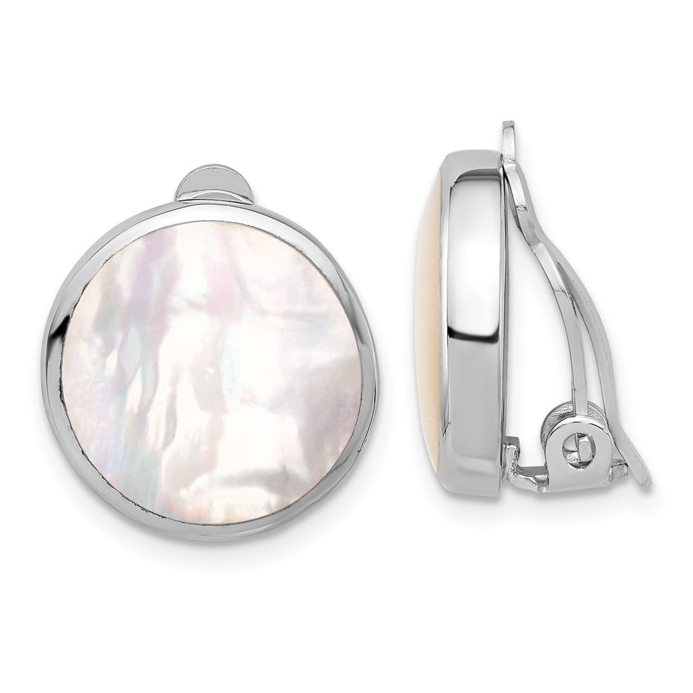 Sterling Silver RH-plated Mother of Pearl Round Non-Pierced Button Stud Earrings
