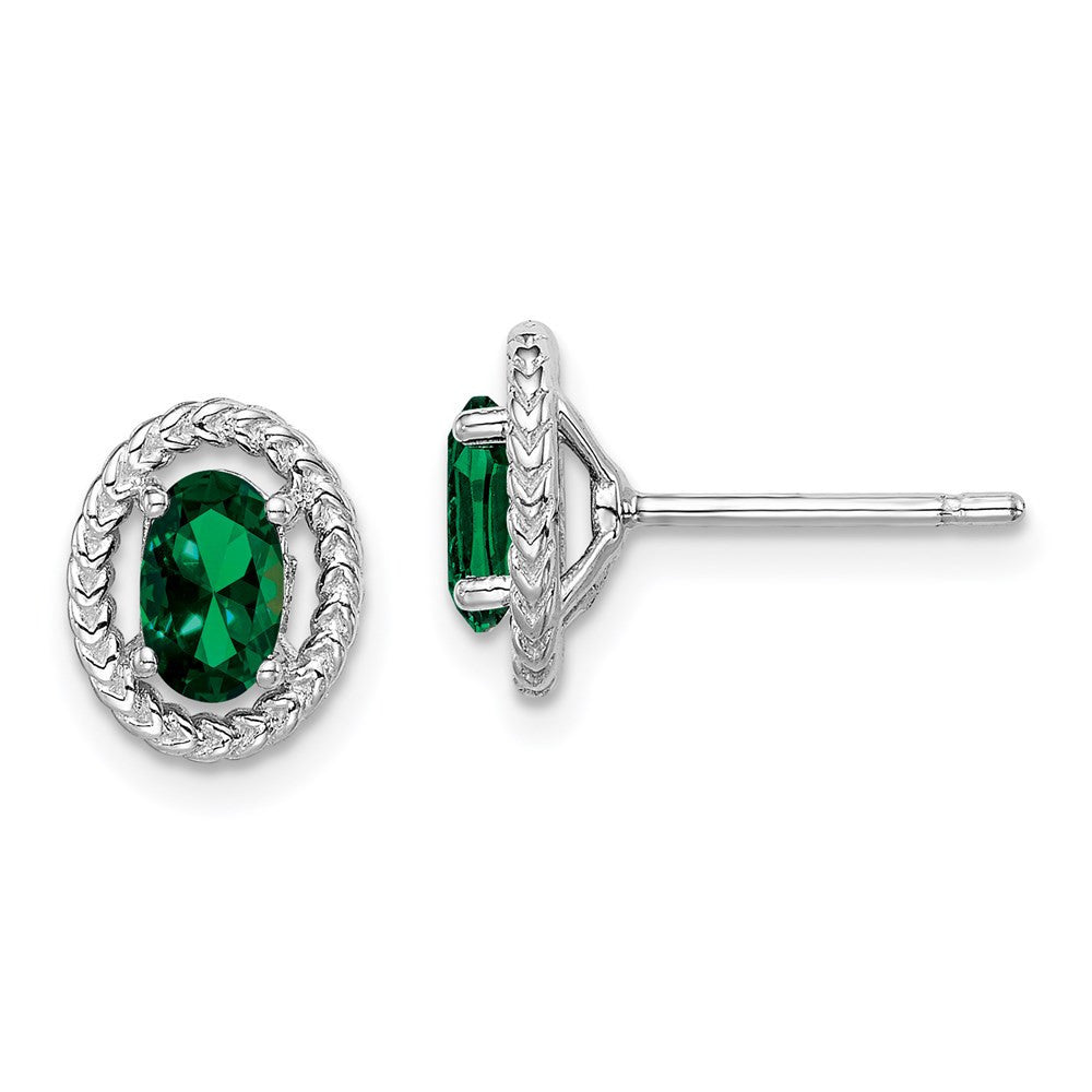 Sterling Silver Rhod-plat Created Emerald Oval Button Stud Earrings