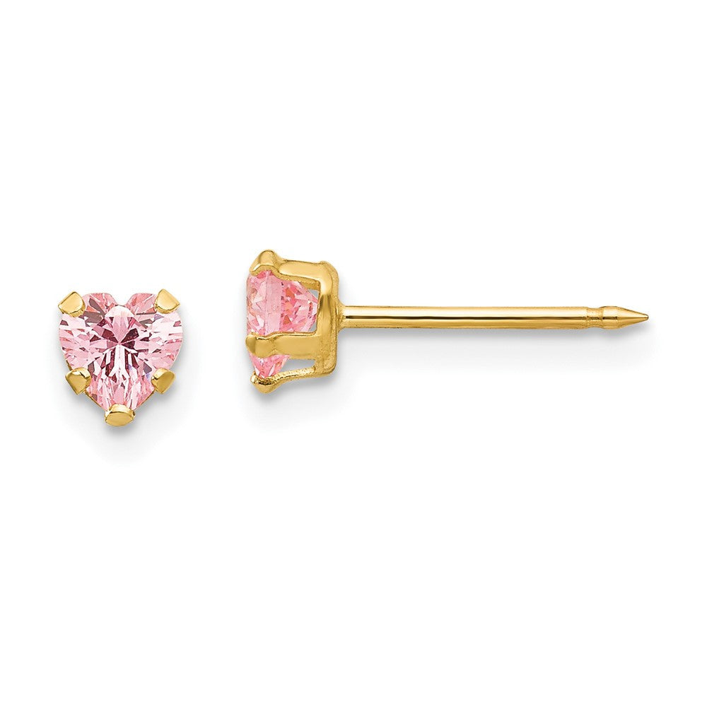 14k Yellow Gold 4mm Pink Heart CZ Stud Earrings