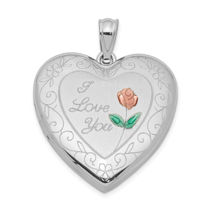 Sterling Silver Rhodium-plated 24mm Enameled Rose Border Heart Locket Pendant