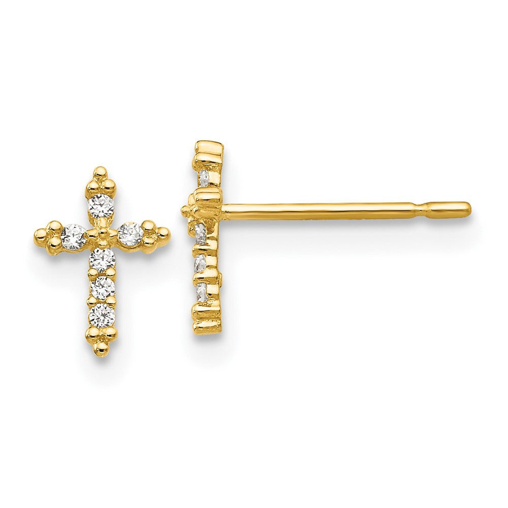 14k Yellow Gold CZ Children's Cross Button Stud Earrings