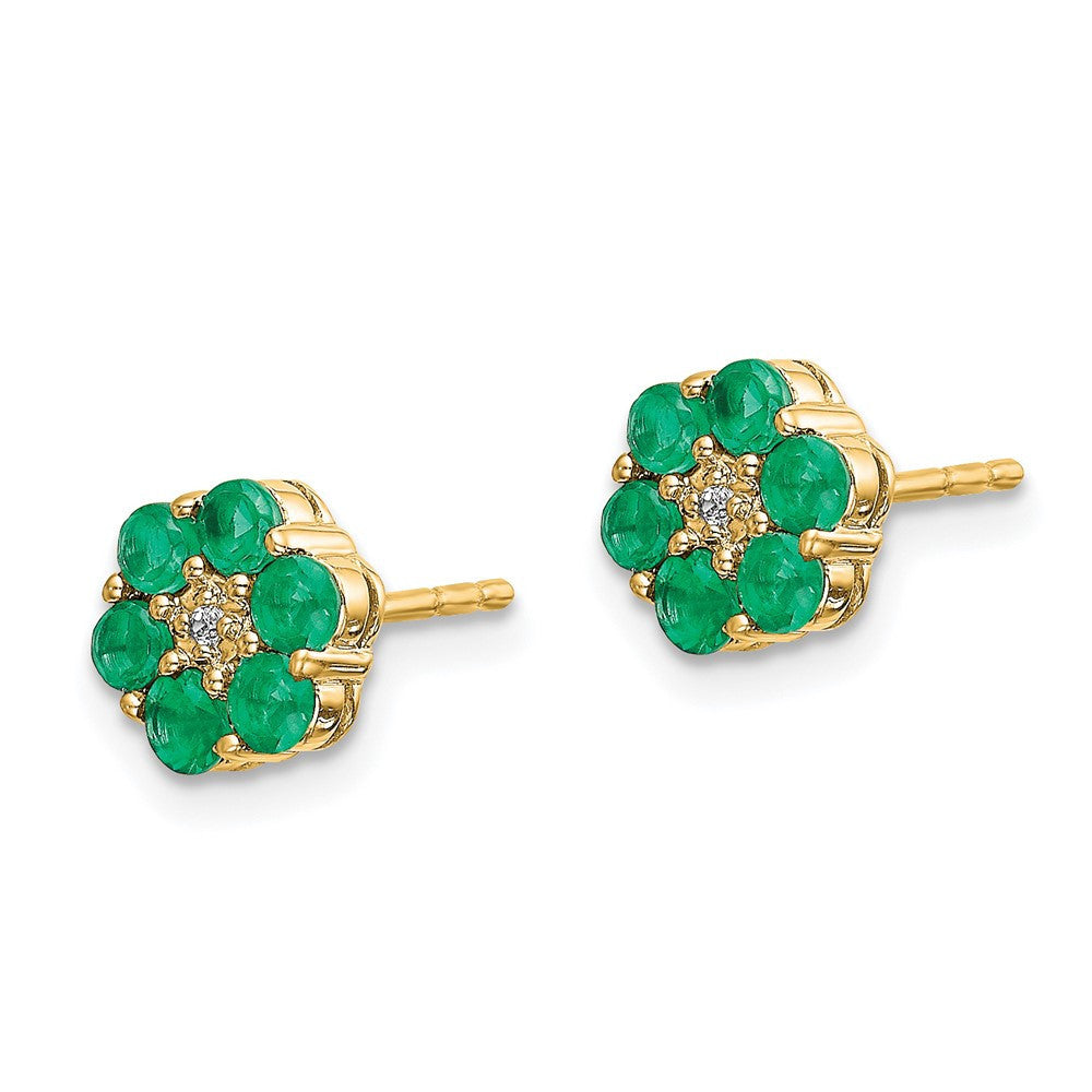 14k Yellow Gold and Rhodium Emerald and Diamond Stud Earrings