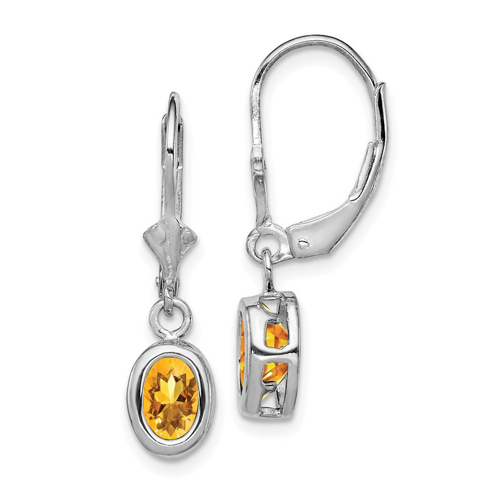 Sterling Silver Rhodium Plated 7x5mm Oval Citrine Leverback Dangle Earrings