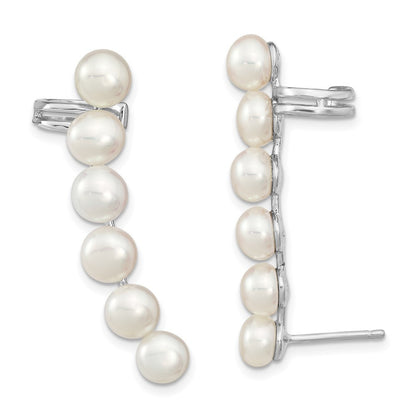 Sterling Silver 6mm White Button Freshwater Cultured Pearl Ear Climber Earrings