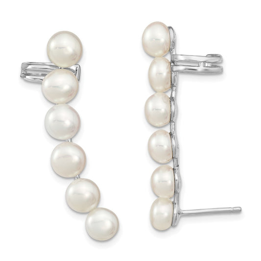 Sterling Silver 6mm White Button Freshwater Cultured Pearl Ear Climber Earrings