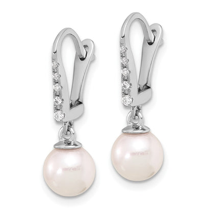 14k White Gold 6-7mm Akoya Saltwater Cultured Pearl & Diamond Dangle Earrings