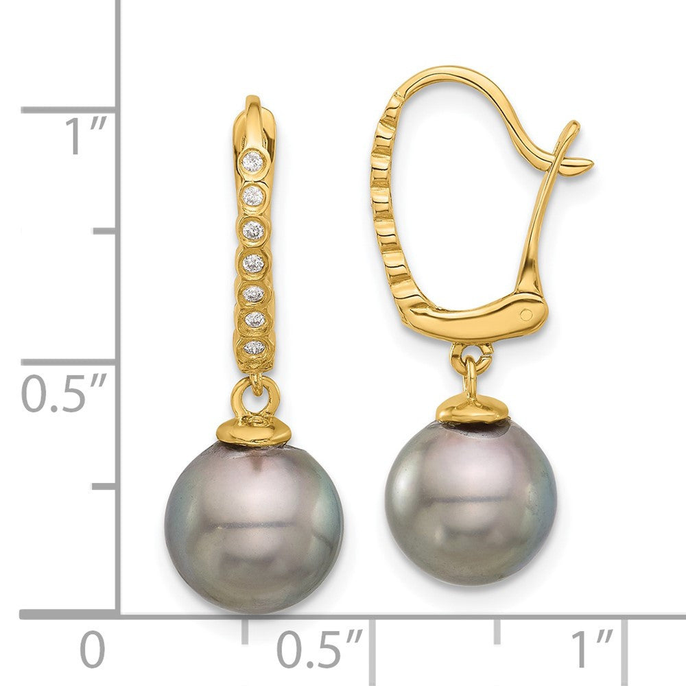 14k Yellow Gold Black Tahitian Saltwater Cultured Pearl Diamond Dangle Earrings