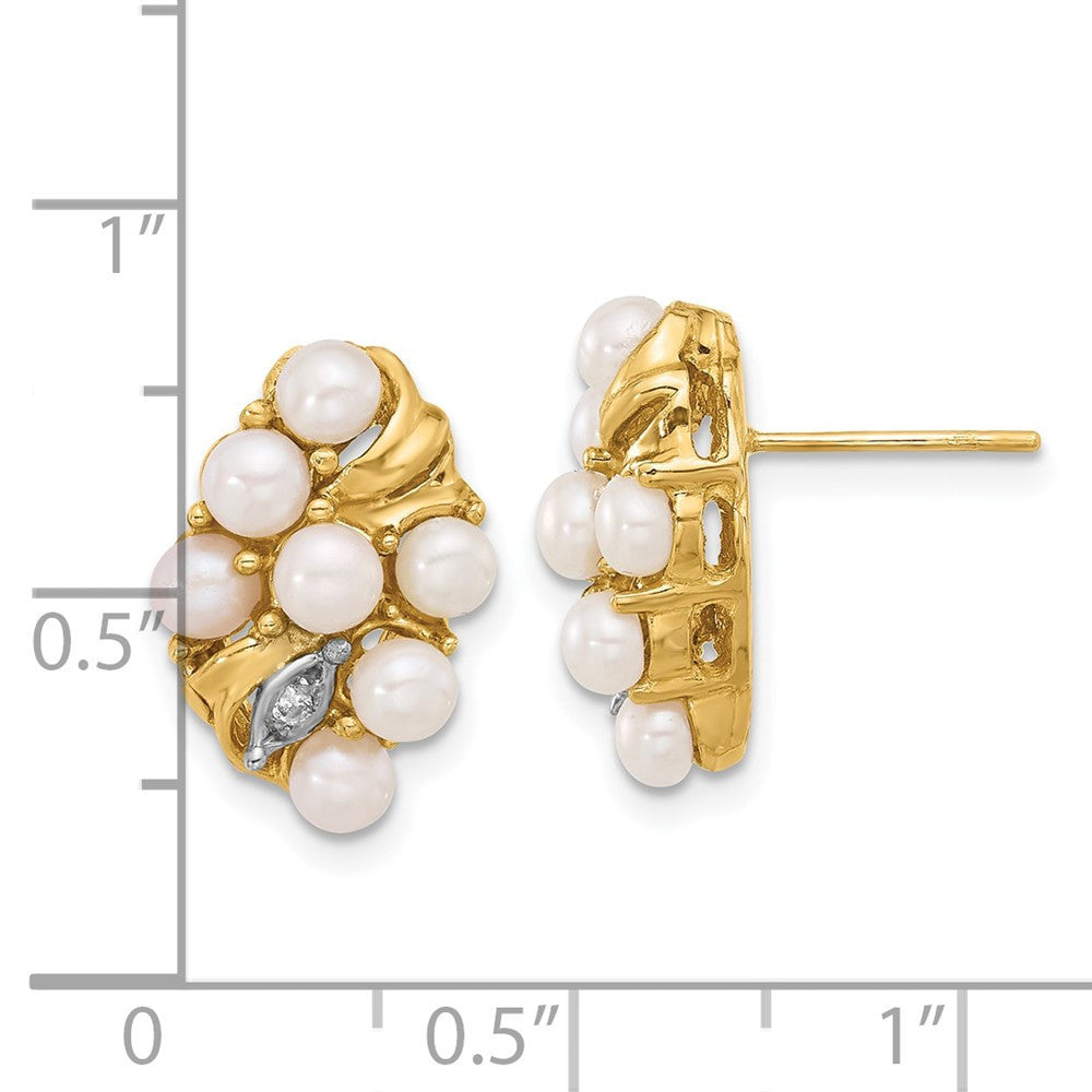 14k Yellow Gold 3-4mm Button Freshwater Cultured Pearl & Diamond Stud Earrings