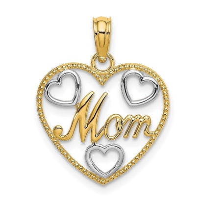 14k Yellow Gold with White Rhodium Textured MOM Heart Charm Pendant