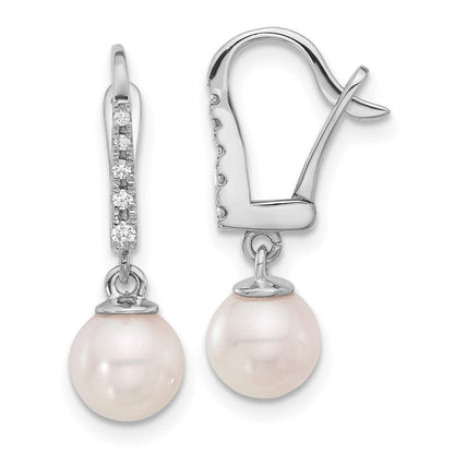 14k White Gold 6-7mm Akoya Saltwater Cultured Pearl & Diamond Dangle Earrings