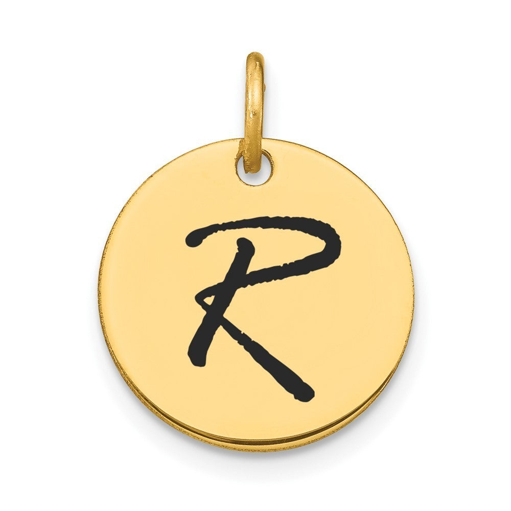 14k Yellow Gold Polished Black Enamel Letter R Initial Disk Charm Pendant