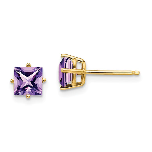 14k Yellow Gold 5mm Princess Cut Amethyst Stud Earrings