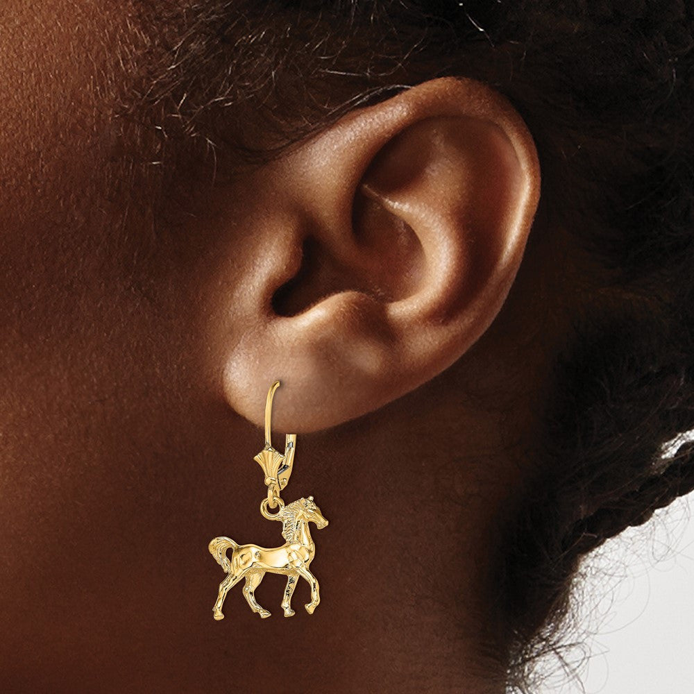 14k Yellow Gold 3-D Polished Leverback Horse Drop & Dangle Earrings