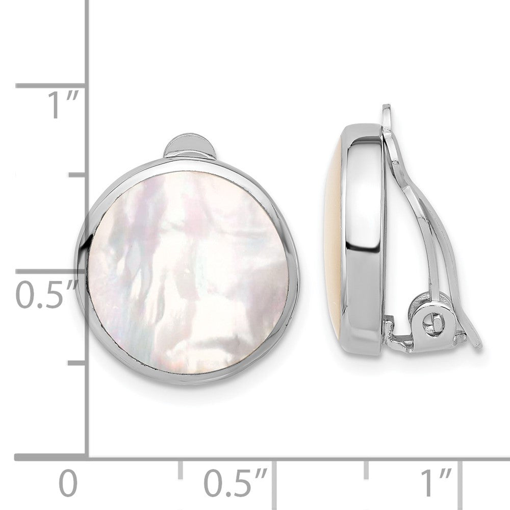 Sterling Silver RH-plated Mother of Pearl Round Non-Pierced Button Stud Earrings