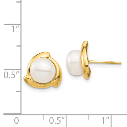 14k Yellow Gold 7-8mm White Button Freshwater Cultured Pearl Stud Earrings