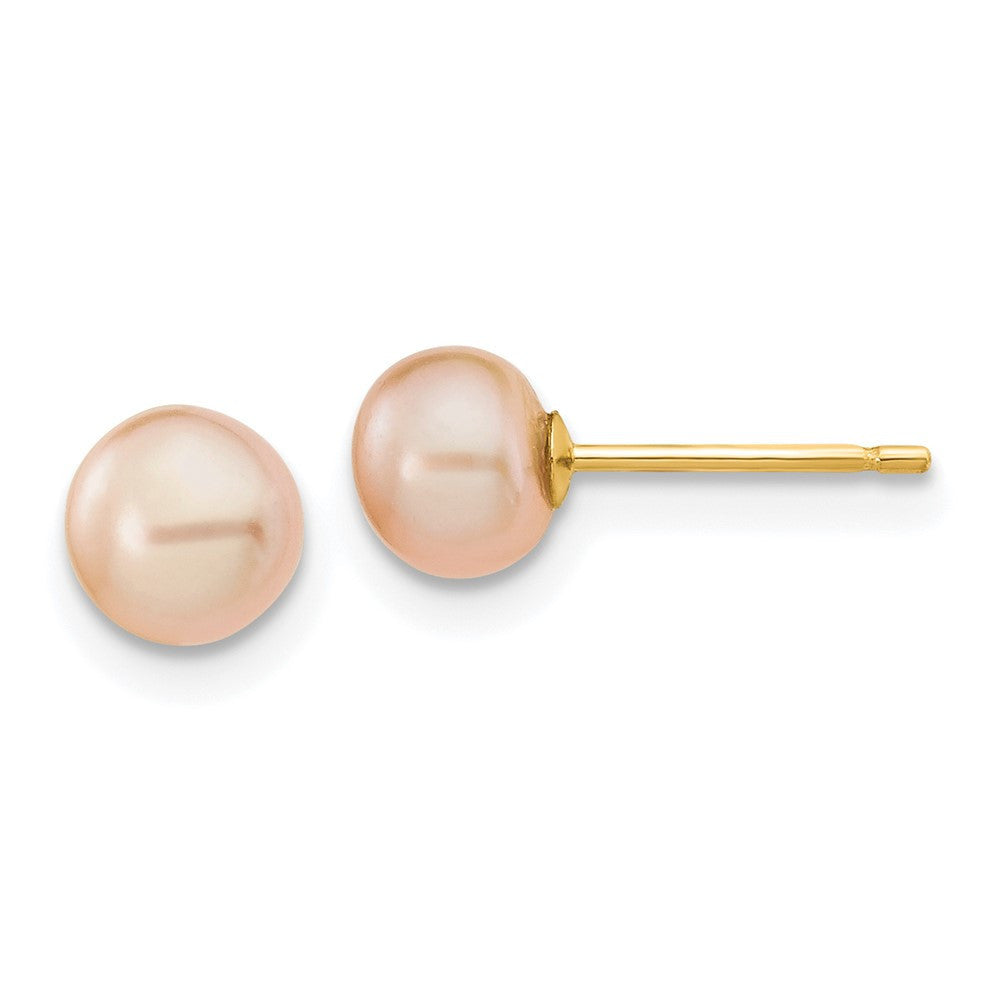 14k Yellow Gold 5-6mm Pink Button Freshwater Cultured Pearl Stud Earrings