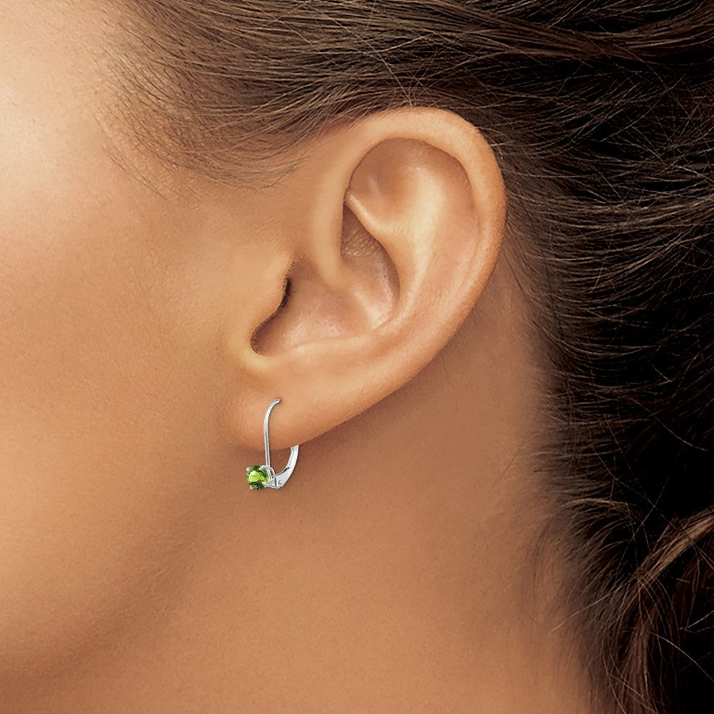 14k White Gold 4mm Round August/Peridot Leverback Dangle Earrings