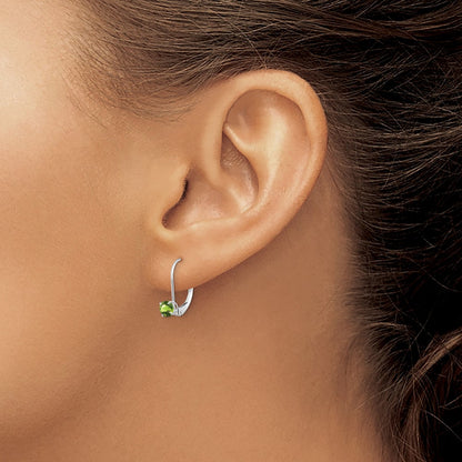 14k White Gold 4mm Round August/Peridot Leverback Dangle Earrings