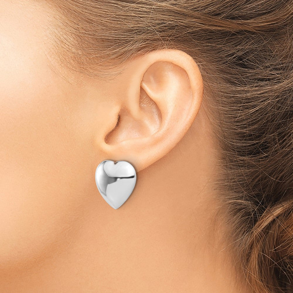 Sterling Silver Rhod-plated Polished Heart Clip Non-Pierced Button Stud Earrings