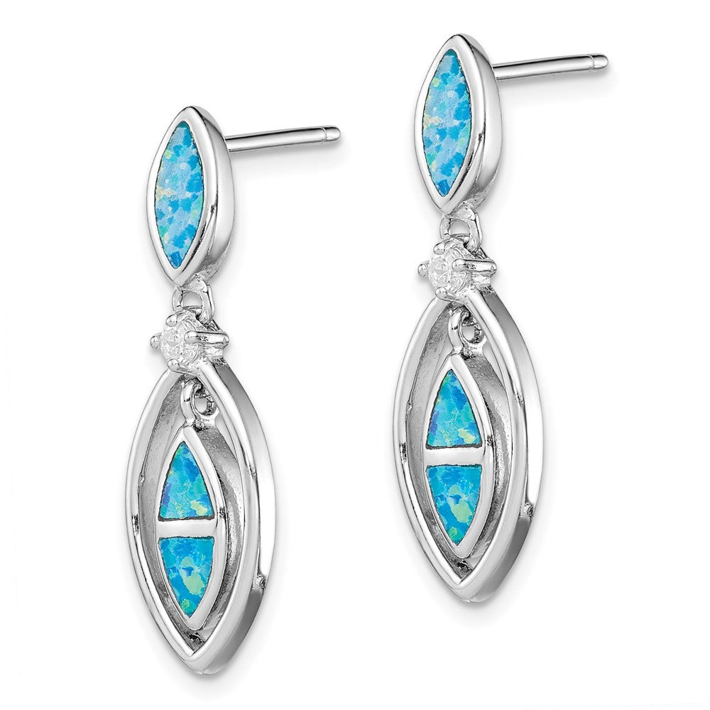 Sterling Silver RH-plated CZ & Blue Cr. Opal Marquise Dangle Earrings