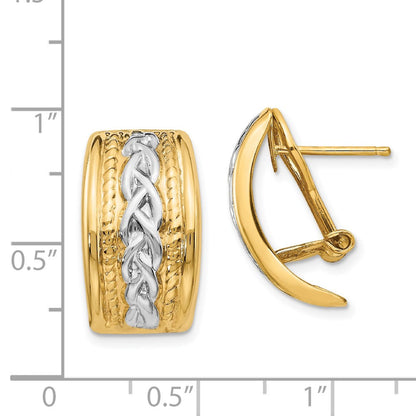 14k Yellow Gold Polished & Rhodium Omega Back Hoop Earrings