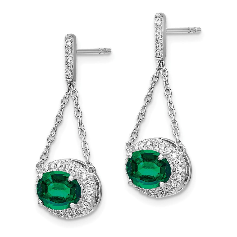14k White Gold Oval Created Emerald and Diamond Dangle Earrings