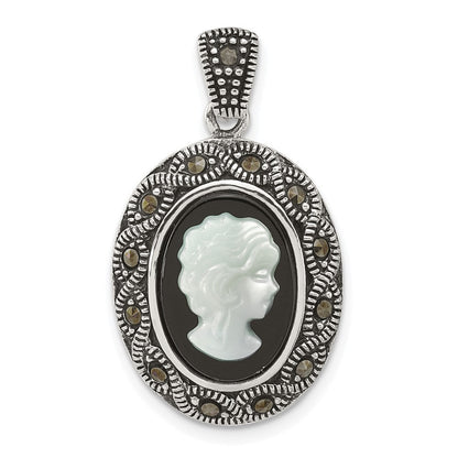 Sterling Silver Antiqued Marcasite Black Agate and MOP Cameo Pendant