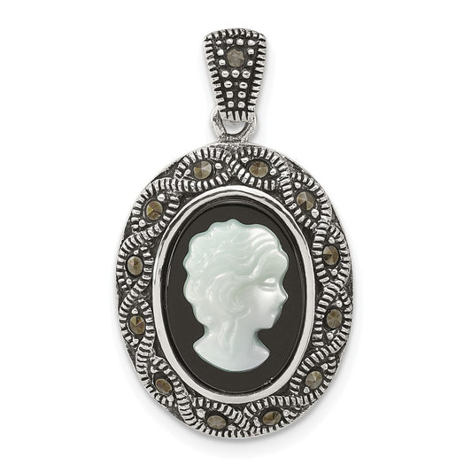 Sterling Silver Antiqued Marcasite Black Agate and MOP Cameo Pendant