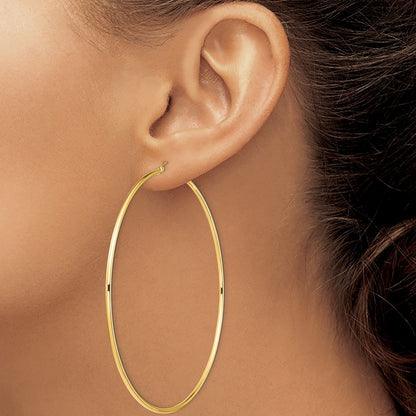 14k Yellow Gold Polished 2x90mm Round Tube Hoop Earrings