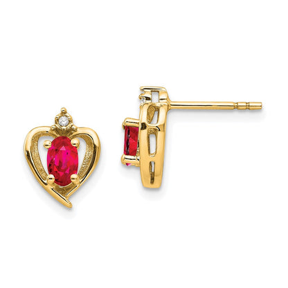 14k Yellow Gold Ruby and Diamond Heart Stud Earrings