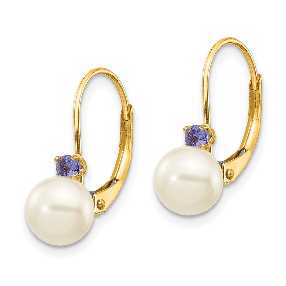 14k Yellow Gold 6-6.5mm Round Cultured Pearl & Tanzanite Drop & Dangle Earrings