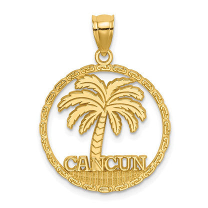 14k Yellow Gold CANCUN Palm Tree Circle Charm Pendant