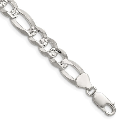 Sterling Silver 8.5mm Flat Diamond-Cut Pave Figaro Chain Necklace 20"