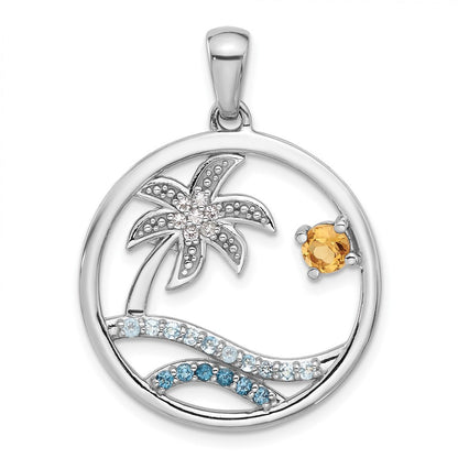Sterling Silver Rhodium-plated Polished Rainbow Gemstone Ocean Palm Tree Pendant