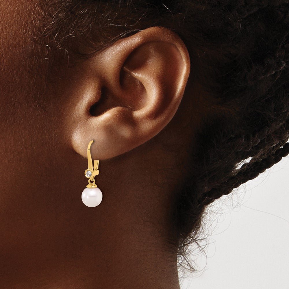 14k Yellow Gold 8mm Akoya Saltwater Cultured Pearl & Diamond Dangle Earrings