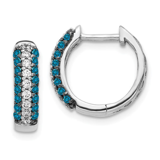 14k White Gold White and Blue Diamond Hinged Hoop Earrings