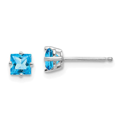 14k White Gold 4mm Princess Cut Blue Topaz Stud Earrings