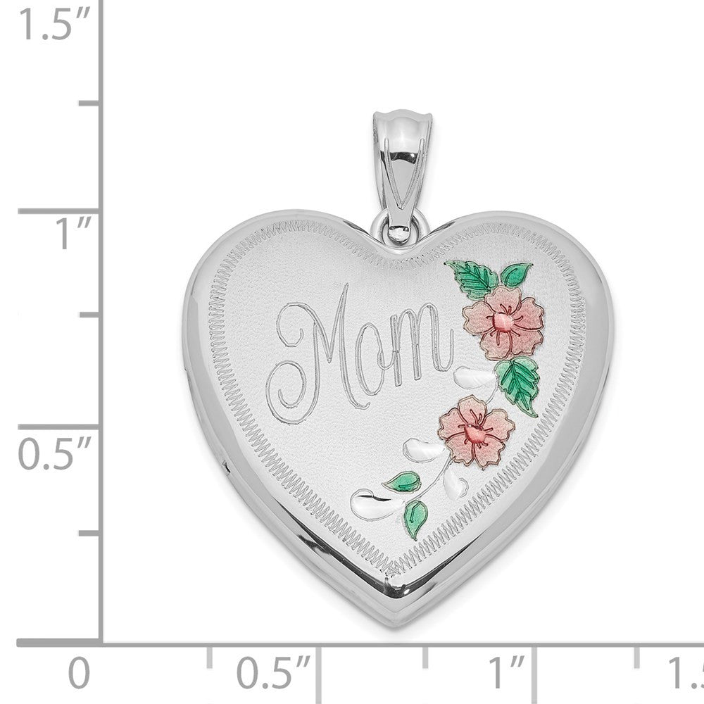 Sterling Silver Rhodium-plated 24mm Enameled Floral Mom Heart Locket Pendant