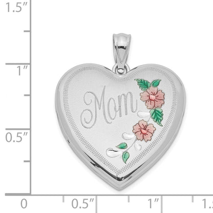 Sterling Silver Rhodium-plated 24mm Enameled Floral Mom Heart Locket Pendant